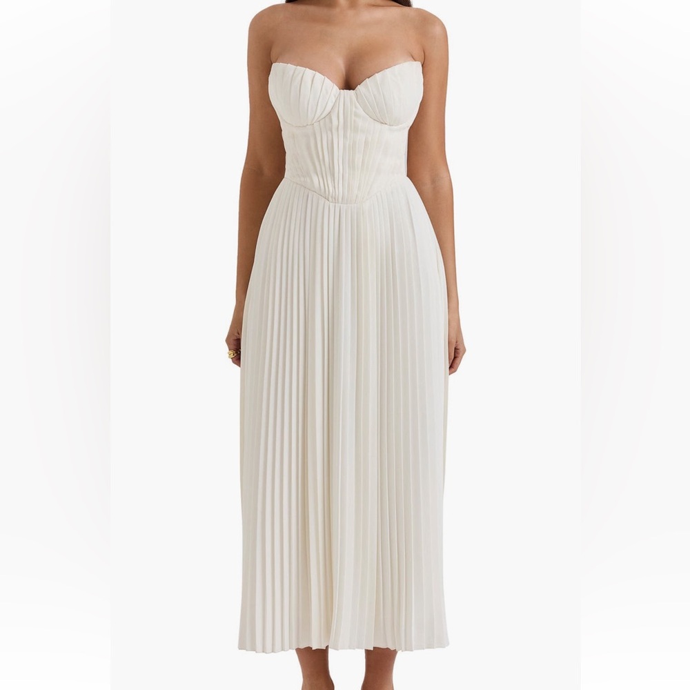 House of CB White Pleated Strapless Dress